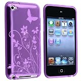 TPU Rubber Skin Case compatible with Apple® iPod touch® 4th Generation, Clear Dark Purple Flower w/ Butterfly