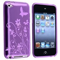 TPU Rubber Skin Case compatible with Apple® iPod touch® 4th Generation, Clear Dark Purple Flower w/ Butterfly