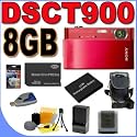 Sony Cybershot DSC-T900 12.1 MP Digital Camera w/4x Optical Zoom and Super SteadyShot Image Stabilization (Red) 8GB BigVALUEInc Accessory Saver NPBD1 Battery/Rapid Charger Bundle + MORE