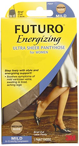 Futuro Energizing Ultra Sheer Pantyhose for Women, Medium, Brief Cut, Lace Panty, Nude, Mild (8-15 mm/Hg)