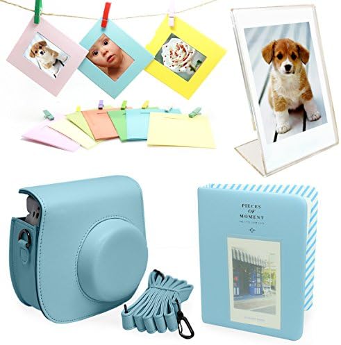 Fujifilm Instax Mini 8 Instant Camera Accessories Bundle [Includes: Blue Case, Shoulder Strap, Blue Photo Album, Clear Photo Stand for Instant Film Photos, Colorful Frames with Clips and Rustic Twine Rope for Hanging]