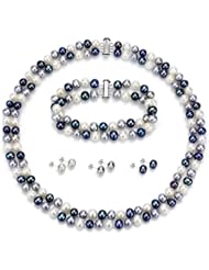 Sterling Silver 925 6-7mm 2 Rows Cultured Freshwater Pearl Multi Color High Luster Necklace 18" with 7.25" Bracelet and 3 Pairs Stud Earring Sets.