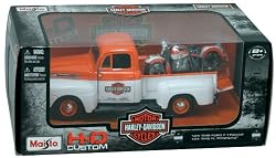 White and Orange 1948 Ford F-1 Pickup with 1948 Harley-Davidson FL Panhead Motorcycle