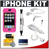 CTA Skin Case (Pink) + CTA Multifunctional 4 Way Home & Car Charger + CTA Earbud Headphones + Accessory Kit for Apple iPhone