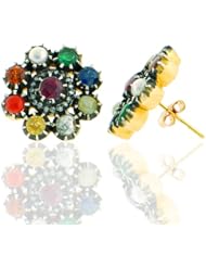 Antique Look 14kt Yellow Gold Diamond Pave Gemstone Stud Earrings Silver Jewelry