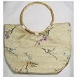 Bamboo Handle Synthetic Silk Plum Blossom Branch Handbag - Tan