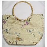 Bamboo Handle Synthetic Silk Plum Blossom Branch Handbag - Tan