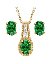 2.68 Ct Oval Green Created Emerald 14K Yellow Gold Pendant Earrings Set