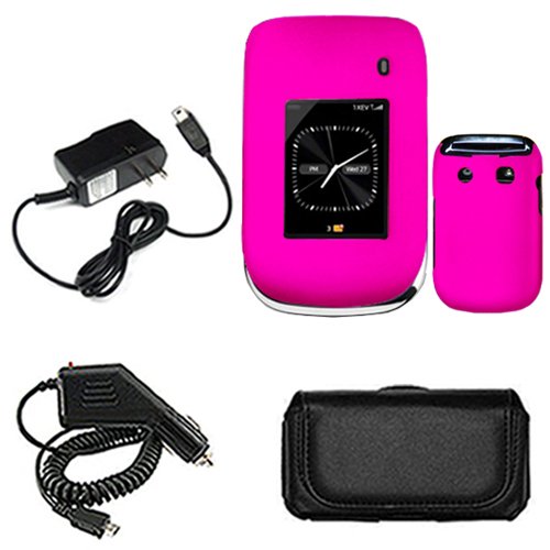 iNcido Brand Blackberry Style 9670 Combo Rubber Feel Hot Pink Protective Case Faceplate Cover + Black Horizontal Leather Pouch + Home Wall Charger + Rapid Car Charger for Blackberry Style 9670