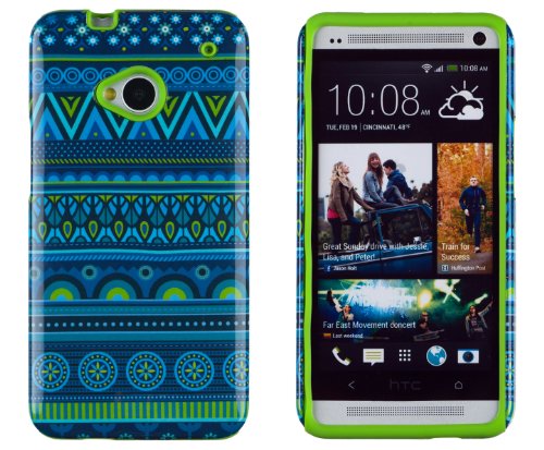 DandyCase 2in1 Hybrid High Impact Hard Blue Aztec Tribal Pattern + Lime Green Silicone Case Cover For HTC One M7 4G LTE + DandyCase Screen Cleaner