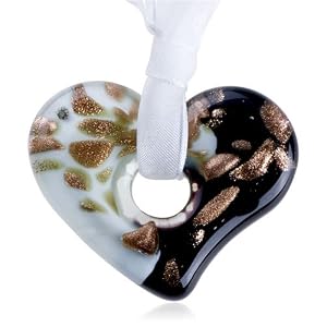 Black White Blotched Heart Pendant Murano Glass