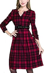 V-neck Polyester Long Sleeves Winter Plaid Print Belted Wrap Vintage  Dress
