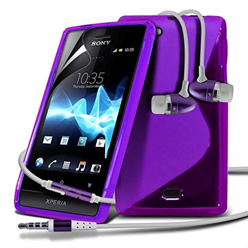 Sony Xperia Miro ST23i Purple S Line Wave Gel Case Skin Cover With LCD Screen Protector Guard, Polishing Cloth & Hands Free Earphone with Built in Microphone Mic & On-Off Button by Fone-Case