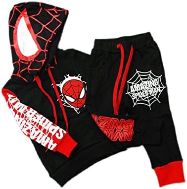 Generic Little Boys Spiderman Thick Hooded Sweater Pant Sets Sports Tracksuits (5T(130), Black)