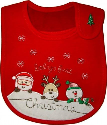 Baby First Christmas Bib Red White Santa Reindeer Snowman Embroidered Details Gift