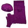 100% Acrylic Super Soft Women's Fashion Knitted Hat Cap Glove Scarf Set with Handmade Embroidered Flowers and Sequins - Various Colors