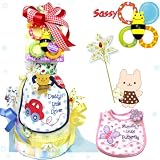 【サッシーの歯がため[バンブルバイツ]とカーターズ防水スタイ付】豪華なHAPPY３段オムツケーキ！大型
