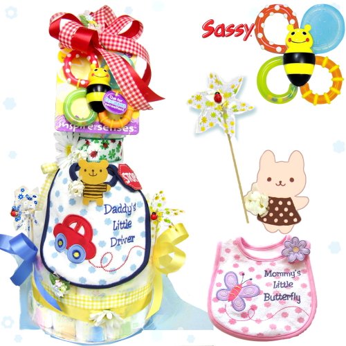 【サッシーの歯がため[バンブルバイツ]とカーターズ防水スタイ付】豪華なHAPPY３段オムツケーキ！大型