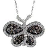 10k White Gold 18 Thin Chain & 5/8 in. (16mm) tall Butterfly Pendant, w/ 0.55 Carat Brilliant Cut White & Fancy Brown Diamonds