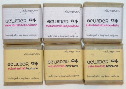 6 Bars: 3 each Ecuador #4 and Ecuador #4 - Texture. Pure, Raw Chocolate that is also Vegan (Dairy and Egg Free), Organic - Non-GMO, Gluten-Free and Soy-Free. Handamade with Love. Manufactured in Long Beach-CA