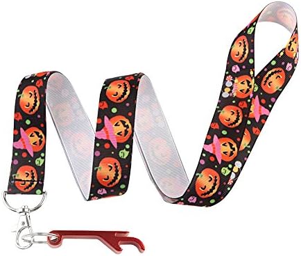 Black Happy Pumpkin Keychain Keyring Key Chain Holder Lanyard Straps with Mini Silver Steel Spring Clips -with Red Bottle Opener Keychain