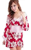 Women's Sexy Lingerie Kimono Printed Satin Nightgowns Bathrobe+ Belt+t-back Rose