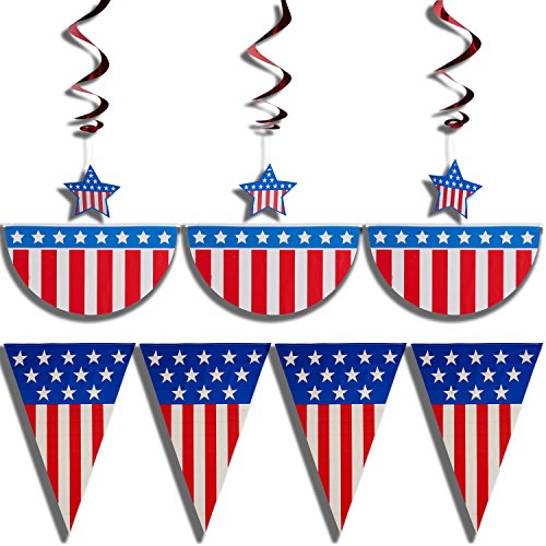 4th of July patriotic decorations party pack, includes a 24 feet stars and stripes banner, Patriotic American Flag Bunting 12 Ft. Long patriotic hanging swirl star shaped decorations!