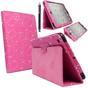 FOR NEW APPLE IPAD 5 IPAD AIR PINK DIAMOND FLIP WITH BUILT IN MAGNET SLEEP/WAKE PU LEATHER CASE COVER + GUARD + STYLUS BY STYLEYOURMOBILE