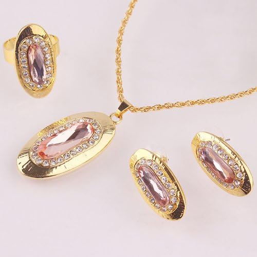 Julycoffee Unique 14k Gold Filled Ellipse Cut Pink Sapphire Wedding Gift For Vogue Women/Girls Necklace Earrings Ring Jewelry Set B121