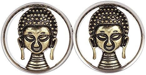 Swanjo Antiqued Brass Buddha Double Flared Hollow Ear Tunnel Plugs 0G-1"