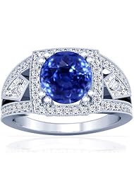 14K White Gold Round Cut Blue Sapphire Ring With Sidestones