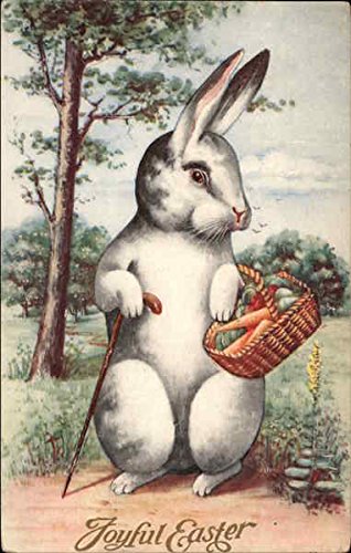 Joyful Easter – Rabbit with Basket of Carrots With Bunnies Original Vintage Postcard