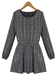 Elasticized   Waistline Nylon/Polyester Checkered Print Round Neck  Dress