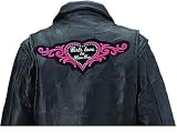 Ladies Black Motorcycle Leather Jacket with Multiple Heart Patches