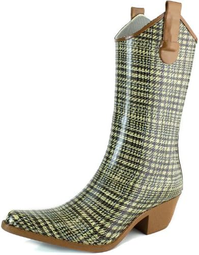 DailyShoes Cowboy Brown White Plaid Prints High Heel Rain Boots,11 B(M) US