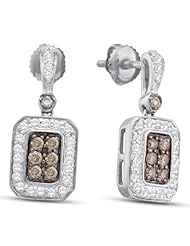 10K White Gold Round Brilliant Cut Chocolate Brown and White Diamond - Emerald Shape Halo Channel Set Dangle Earrings with Secure Screw Back Closure - (1/2 cttw.)