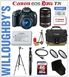 Canon EOS Rebel T3i 18 MP CMOS Digital SLR Camera with EF-S 18-55mm IS II Lens Kit + Canon EF-S 55-250mm IS Telephoto Zoom Lens + LEXSpeed 32GB SDHC Class10 Memory Card + Sunpak 6600DX Digital Tripod + Canon LPE8 Spare Battery + Canon Deluxe Gadget Bag & Much More! Willoughby's Est. 1898 Double Lens Amateur Photographers Incentive Bundle