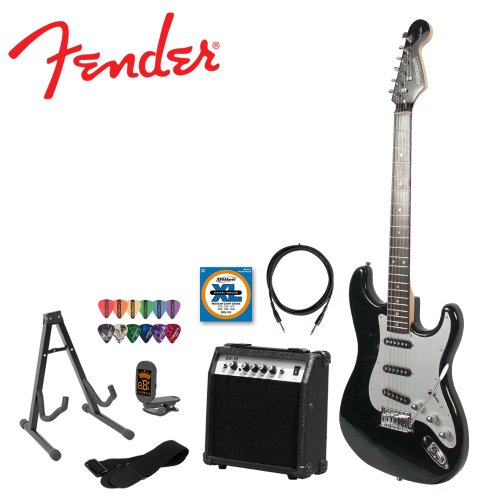 Fender Electric Stratocaster Guitar Kit with Amp, Strap, Stand, Strings, Tuner, Cable and Pick Sampler