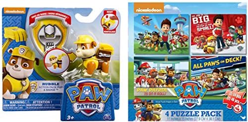 Nickelodeon Paw Patrol **RUBBLE ACTION PACK PUP &amp; BADGE AND PAW PATROL 4 PUZZLE PACK** SET