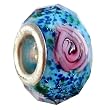 Pandora Style Charm Bead (Z356) Faceted Glass (14mm x 9mm) (Fits Troll too) ~ Blue with Pink Rose and Green and Blue Dots