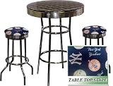 New York Yankees MLB Baseball Glass Top Chrome Bar Table Set With 2 Swivel Bar Stools