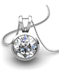 14KT White Gold Full Bezel Set 3ctw Round Diamond Solitaire Pendant on 18 Cable Chain through V shaped bail 3 CTW