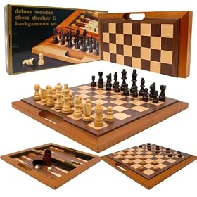 Deluxe Wooden Chess, Checkers and Backgammon Set