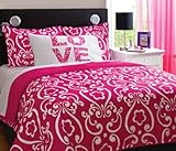 IMAGE OF Girl Pink White Damask Love Full Queen Comforter Set (4pc)
