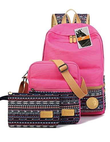Leaper Casual Style Lightweight Canvas Laptop Bag Cute School Backpack Shoulder Bag Pencil Case 3PCS Set(Rose)