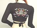 Beaded Sequined Floral Tattoo Design Ladies Silky Low Cut Wrap Top Bolero - Black with Elegant Beading and Sequin Floral Tattoo Design Womens Sizes: Large