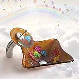 Tophome 洗面台 手洗い器おしゃれ 洗面鉢彩色上絵 手洗い器　手洗器 洗面ボール ガラス 洗面ボウル 蛇口セット　強化ガラス製 排水金具付 蛇口付き 船型　可愛