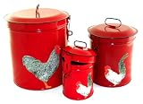 Vintage Country Canister Set ~Kitchen Storage Canisters ~ Decorative Containers E3~ French Country Red Enamel with Decoupage Roosters