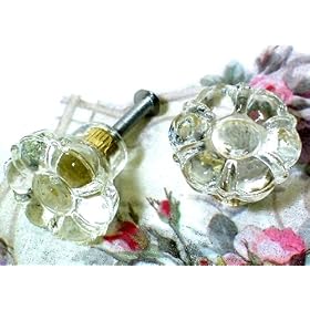 Vintage Glass Knobs ~ Shabby Chic Cabinet or Drawer Crystal Clear Glass Pulls ~ Set of 6 ~ Flower