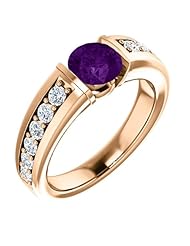 14K Rose Gold 6.00mm Round Cut Amethyst and Diamond Ring -- LIFETIME WARRANTY
